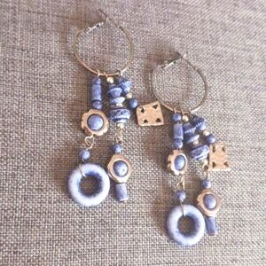 Blue Jean Color Plastic Earrings on Silver Hoops - Pre-loved (3')